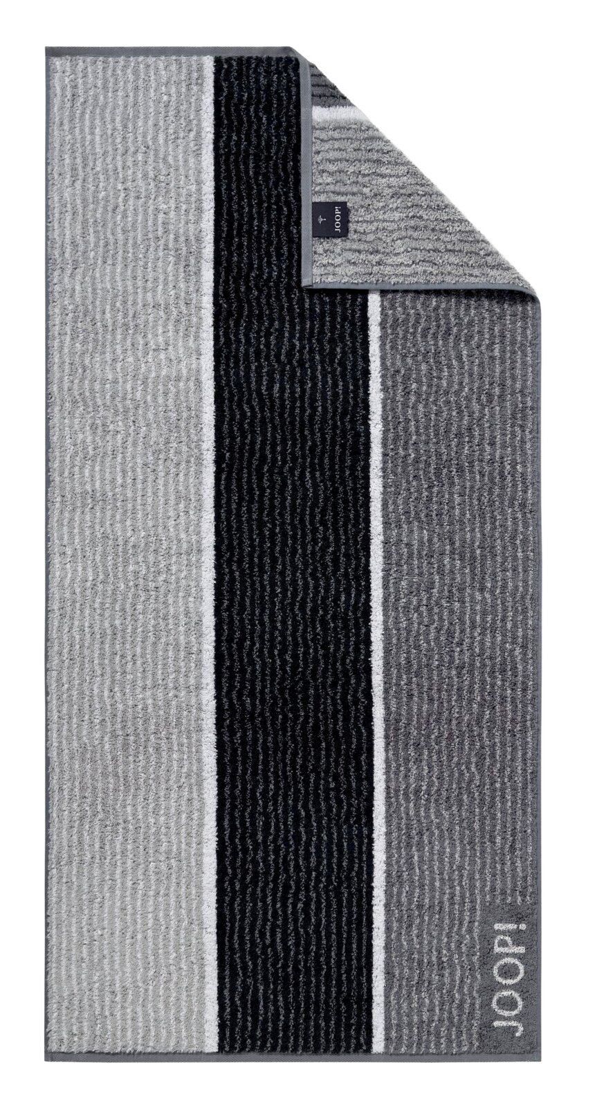 JOOP! Handdoek SIGNATURE Handdoek met grijze en zwarte strepen, van bovenaf gefotografeerd, met een omgeslagen hoek en het merklogo.