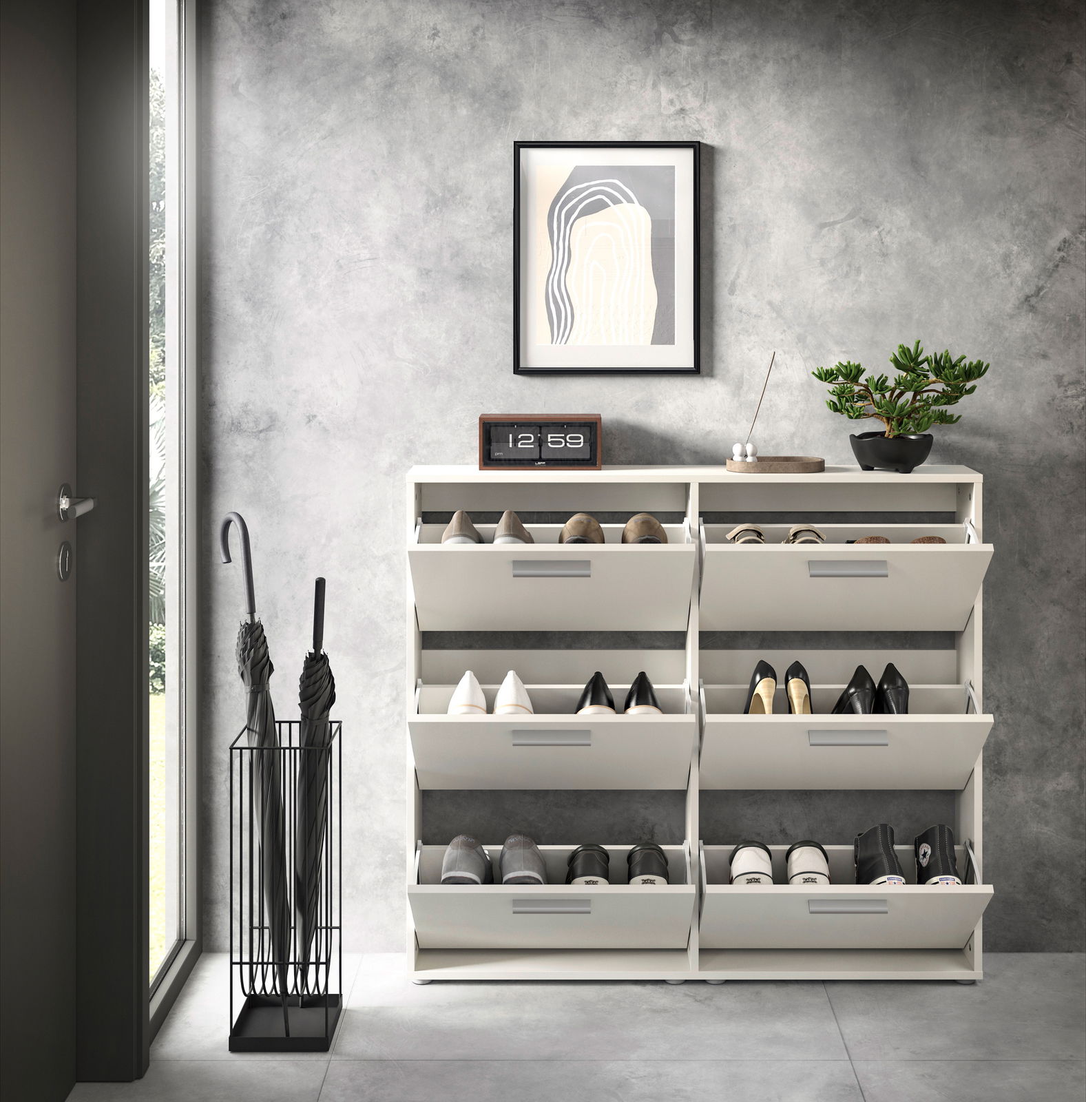Schuhkipper mit sechs Fächern, frontal fotografiert, in einem modernen Raum mit grauer Wand, dekoriert mit einer Pflanze, einem Bild und einer Uhr.