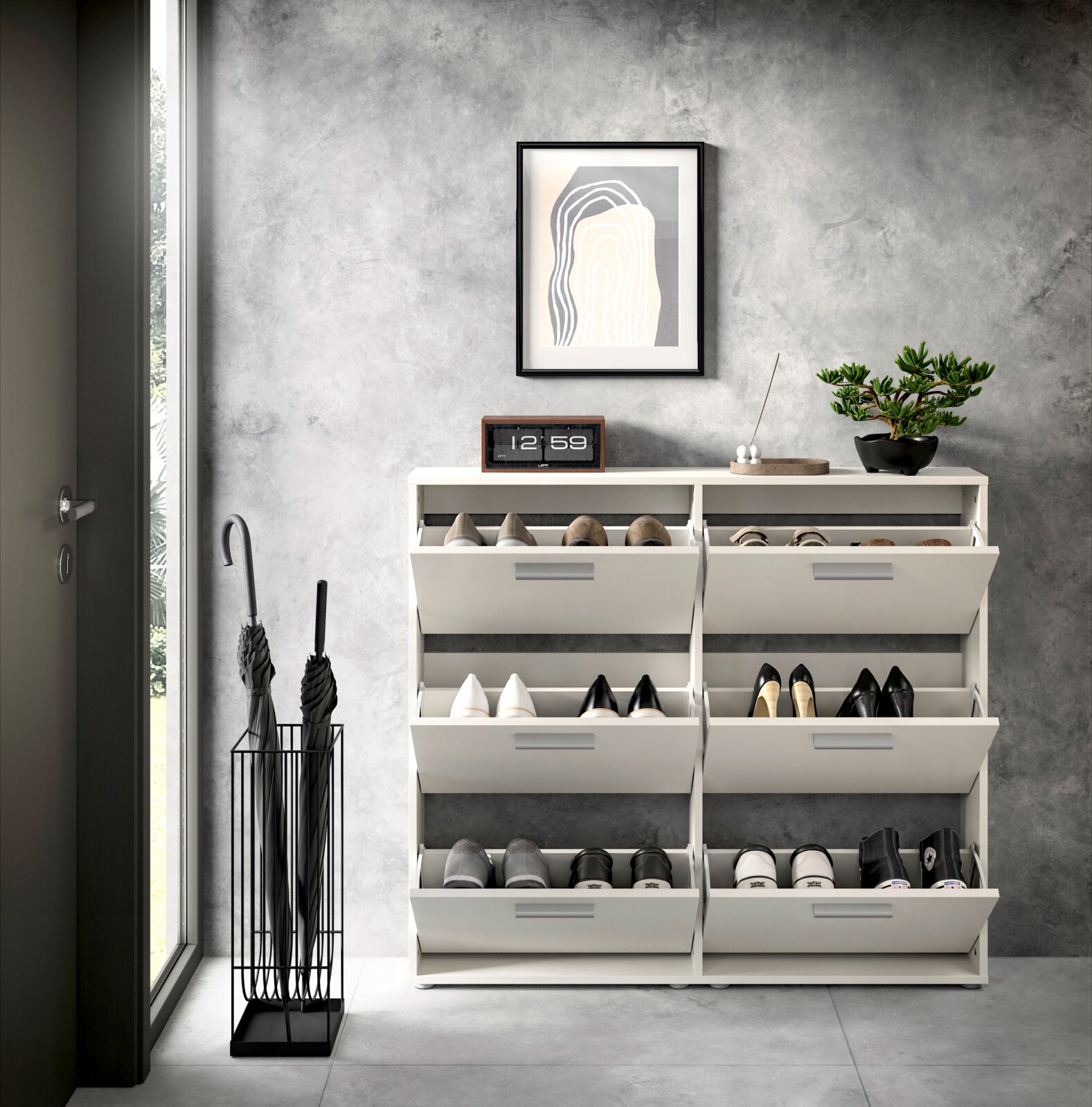 Een schoenenrek met zes vakken, van voren gefotografeerd, in een moderne ruimte met een grijze muur, versierd met een plant, een schilderij en een klok.