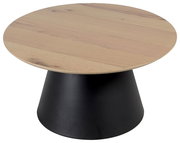 Runder Couchtisch mit heller Holzplatte und schwarzem, konischem Sockel, seitliche Perspektive