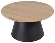 Runder Couchtisch mit heller Holzplatte und schwarzem, konischem Sockel, seitliche Perspektive