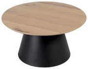 Ronde salontafel met een lichtgekleurd houten blad en een zwarte, conische voet, zijaanzicht