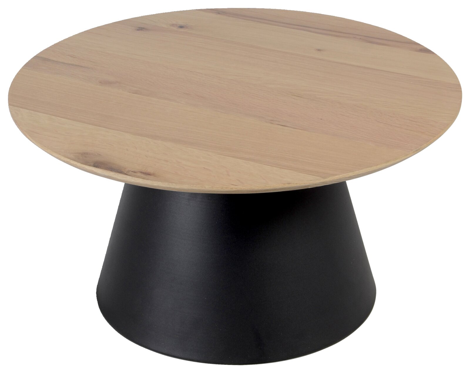 Ronde salontafel met een lichtgekleurd houten blad en een zwarte, conische voet, zijaanzicht