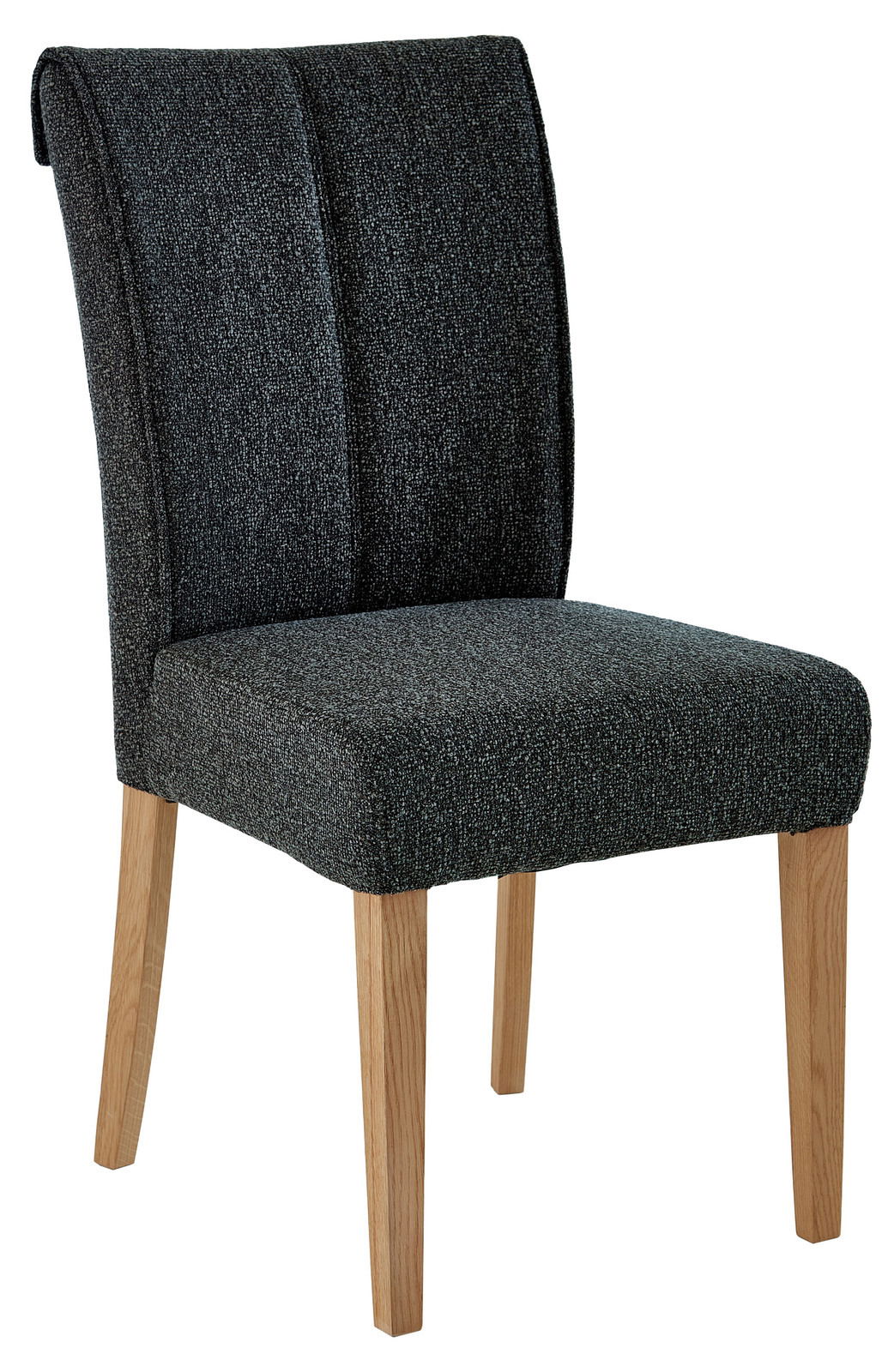 Moderner Stuhl mit dunklem Stoffbezug und hellen Holzbeinen, seitliche Perspektive