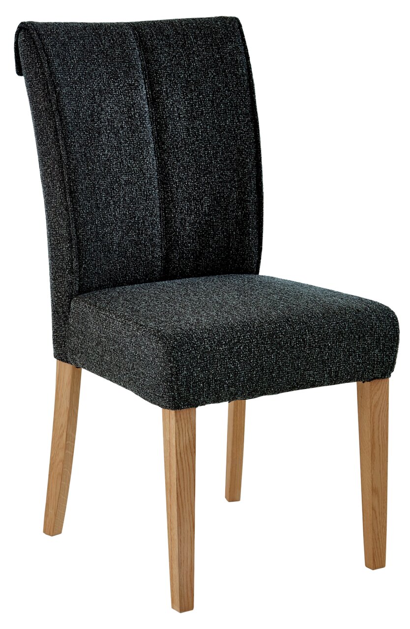 Moderner Stuhl mit dunklem Stoffbezug und hellen Holzbeinen, seitliche Perspektive