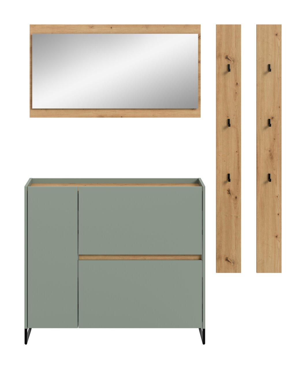 Modernes Garderoben-Set mit Spiegel im Holzrahmen, grünem Sideboard auf schwarzen Füßen und zwei Holzpaneelen mit schwarzen Haken, frontale Ansicht
