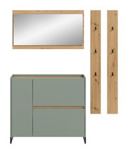 Modernes Garderoben-Set mit Spiegel im Holzrahmen, grünem Sideboard auf schwarzen Füßen und zwei Holzpaneelen mit schwarzen Haken, frontale Ansicht