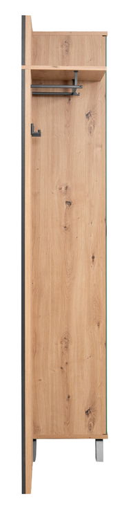 Seitenansicht einer Garderobe aus Holz mit Metallakzenten, zeigt Haken und Ablagefläche.