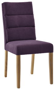 Moderner lila Stuhl mit gepolsterter Rückenlehne und Holzbeinen, seitliche Perspektive