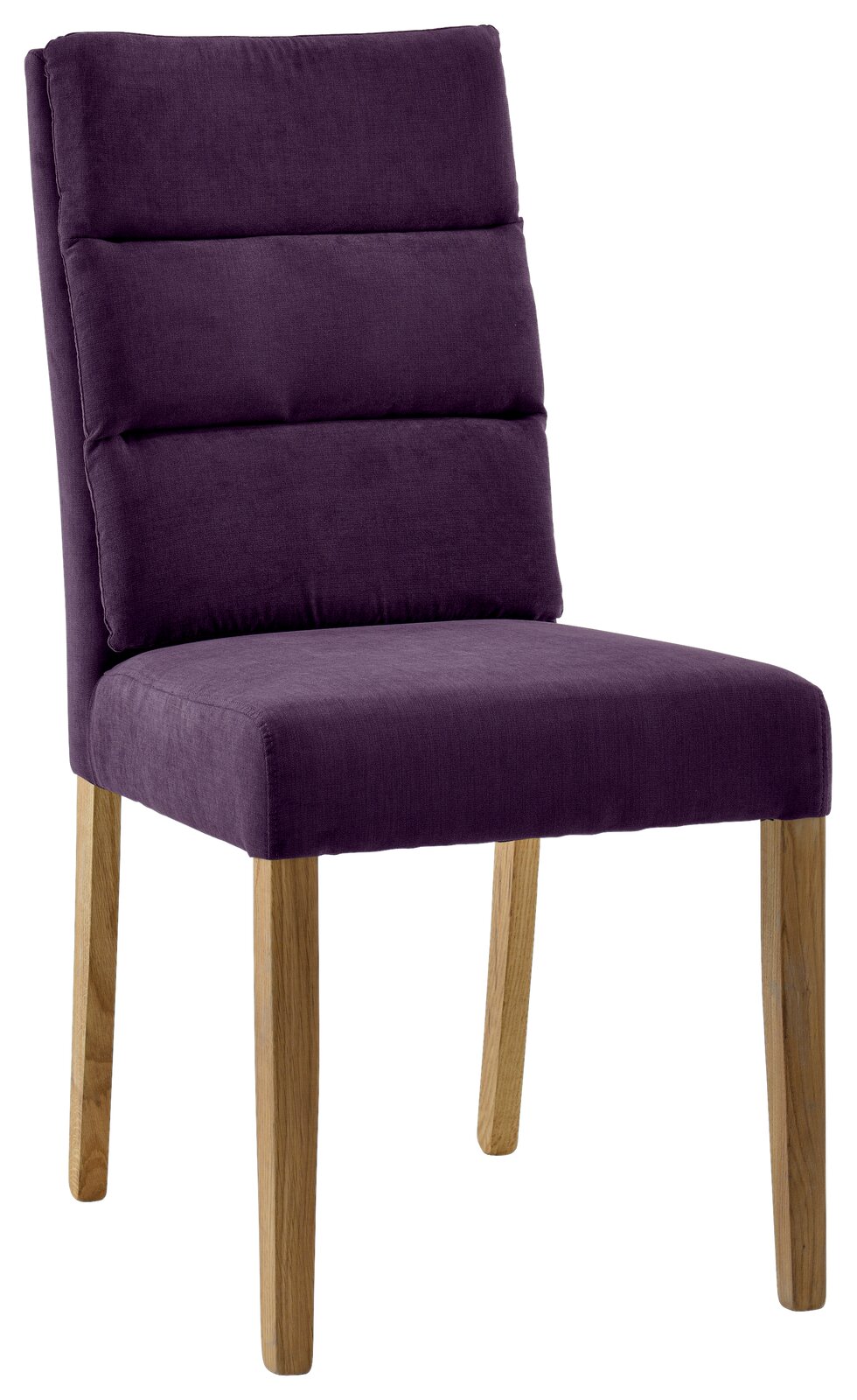 Cantus Stuhl NAOMI Moderner lila Stuhl mit gepolsterter Rückenlehne und Holzbeinen, seitliche Perspektive