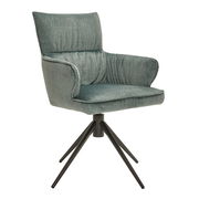 Moderner Armlehnstuhl mit grünem Stoffbezug und schwarzem Metallgestell, seitliche Perspektive