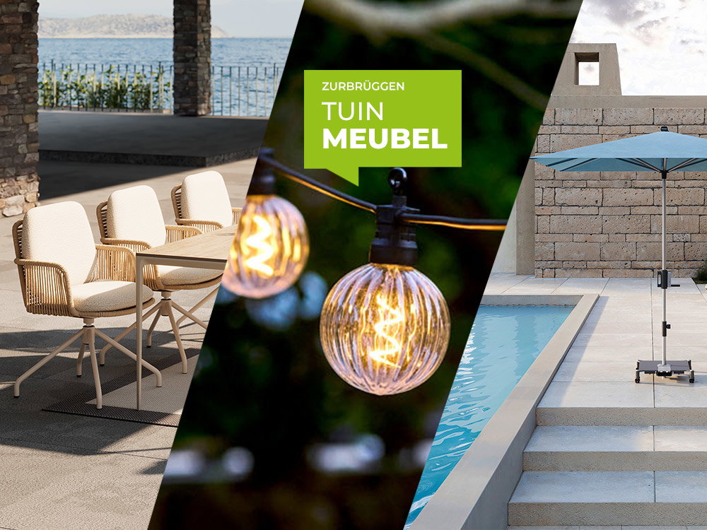Tuinmeubelen met stoelen en tafel, lichtslinger en parasol bij zwembad, advertentie Zurbrüggen