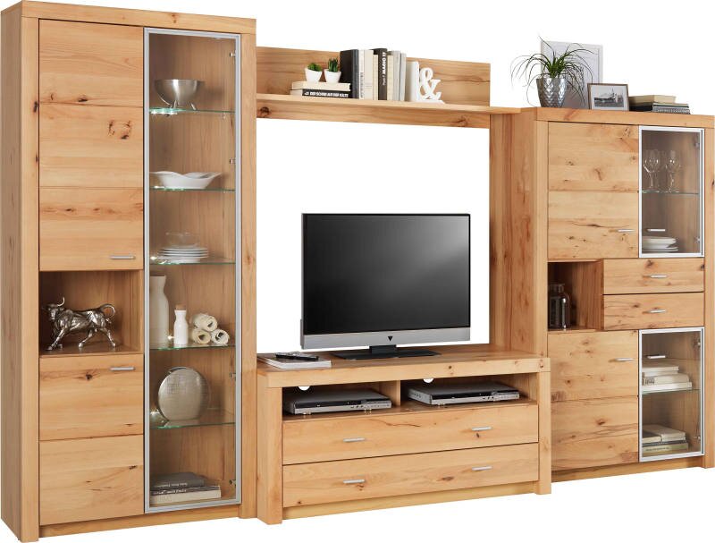 Houten wandmeubel/woonkamermeubel met tv-nis, twee vitrinekasten met glazen deuren en planken, lades en open vakken, getoond in frontaal aanzicht.