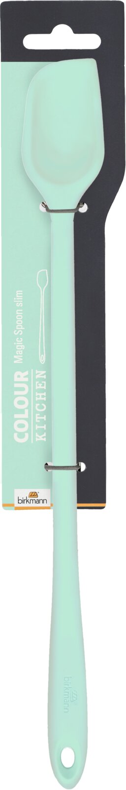 Mintkleurige MagicSpoon slim, gezien van voren, op een zwarte verpakking.