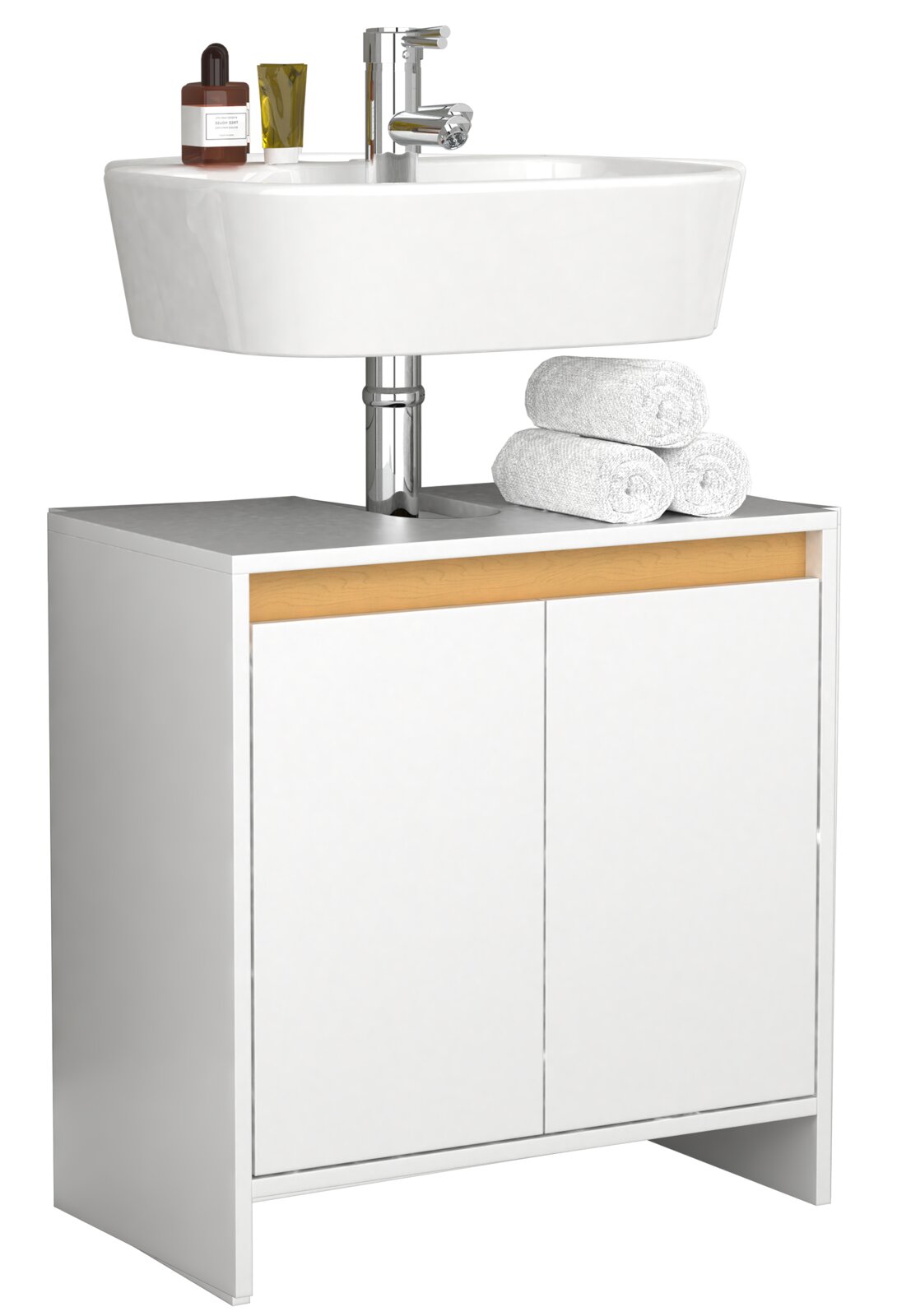 Modernes Badmöbel-Set mit weißem Waschtischunterschrank und Aufsatzwaschbecken, Chrom-Armatur und Holz-Akzentleiste, frontal leicht von links in Studioansicht