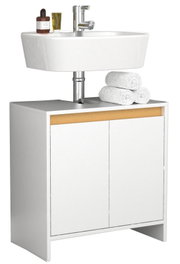 Modernes Badmöbel-Set mit weißem Waschtischunterschrank und Aufsatzwaschbecken, Chrom-Armatur und Holz-Akzentleiste, frontal leicht von links in Studioansicht