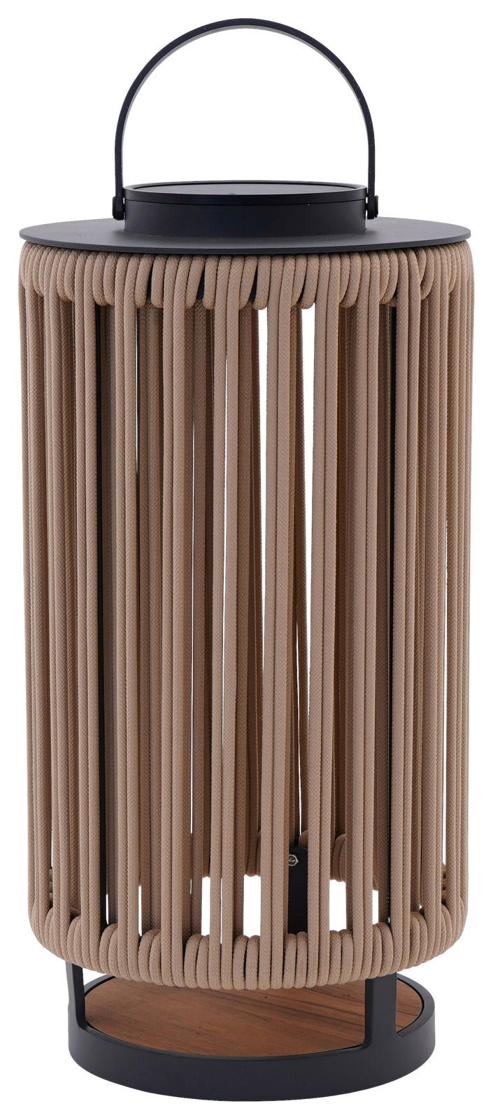 Solarlampe mit vertikalen Seilen und schwarzem Griff, seitliche Perspektive