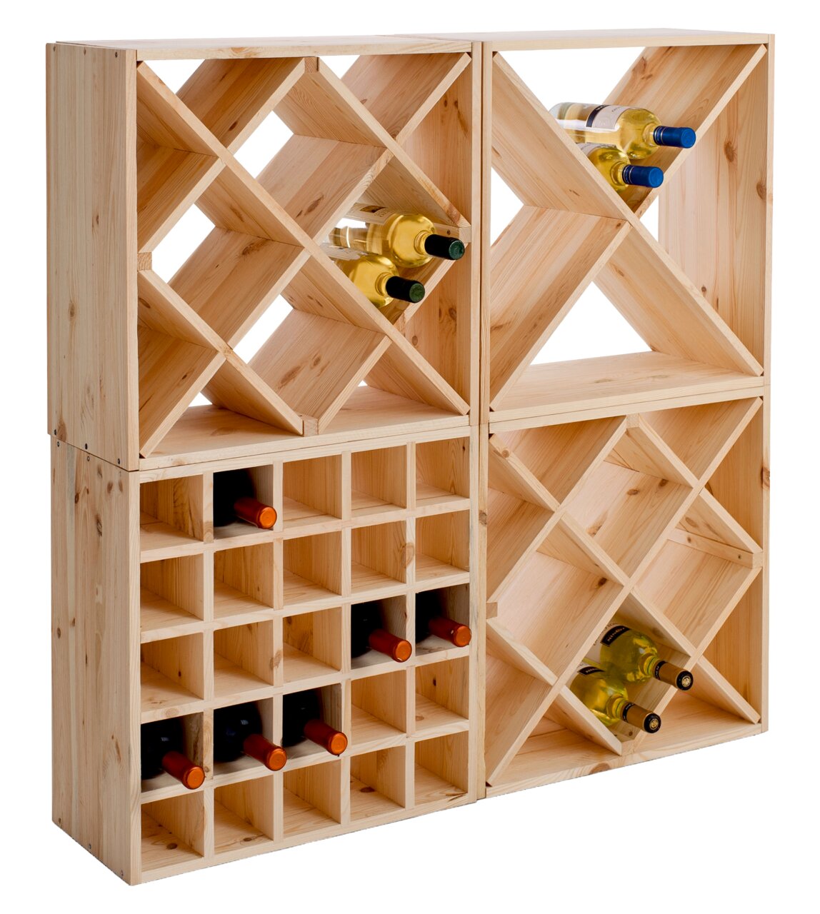 Weinregal aus Holz mit mehreren Fächern, gefüllt mit Weinflaschen, seitliche Perspektive