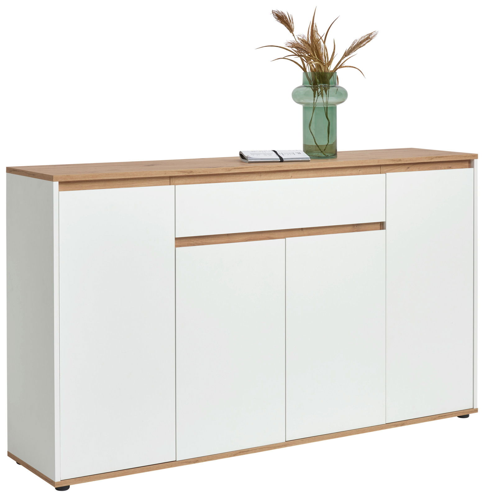 Carryhome XL-dressoir MALEA XL-Sideboard in Weiß mit Holzoberfläche, dekoriert mit einer Vase und einem Buch, seitliche Perspektive