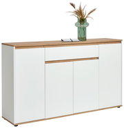 XL-Sideboard in Weiß mit Holzoberfläche, dekoriert mit einer Vase und einem Buch, seitliche Perspektive