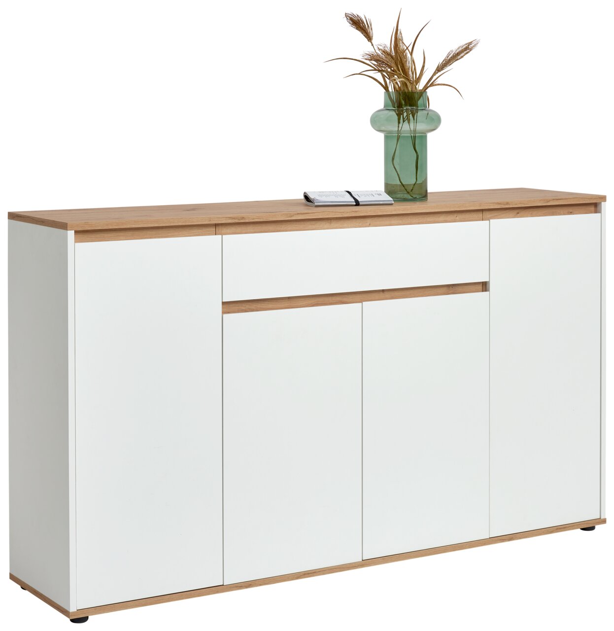 XL-Sideboard in Weiß mit Holzoberfläche, dekoriert mit einer Vase und einem Buch, seitliche Perspektive