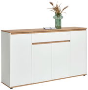 XL-Sideboard in Weiß mit Holzoberfläche, dekoriert mit einer Vase und einem Buch, seitliche Perspektive