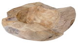Holzschale aus natürlichem Holz mit unregelmäßiger Form, aus der Vogelperspektive fotografiert.