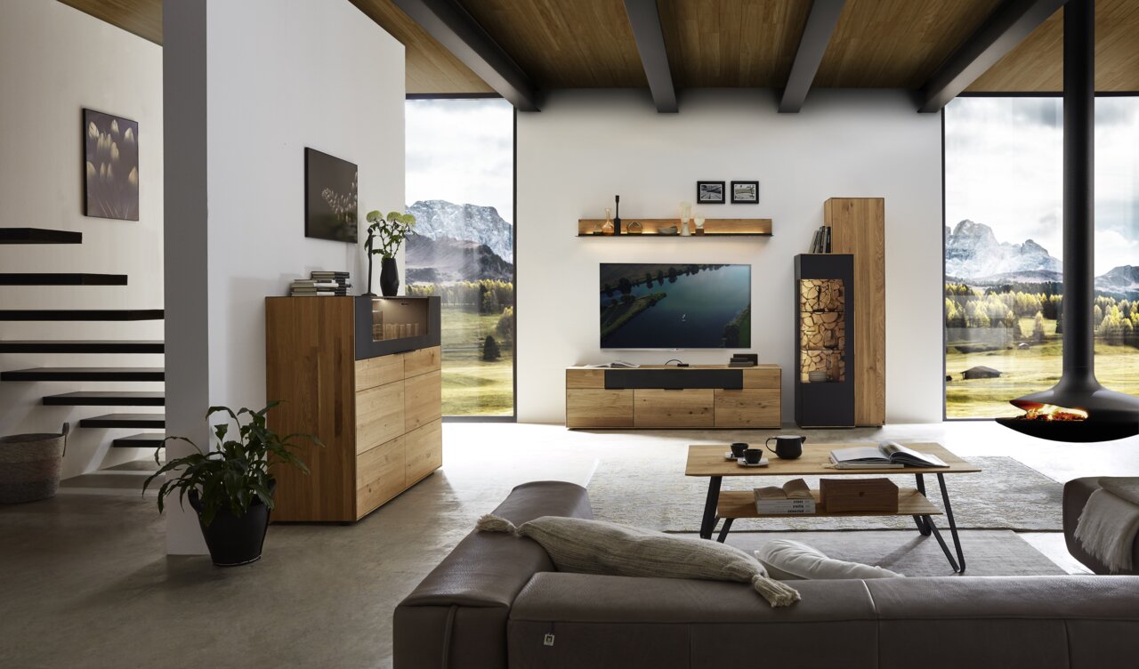Moderne Wohnzimmer-Wandkombination aus Holz mit TV-Schrank, Regal und Schrank, seitliche Perspektive