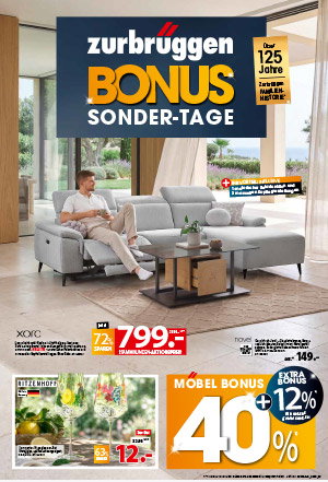 Wohnzimmer mit grauem Ecksofa, Bonus-Sondertage und 40 % Möbelbonus bei Zurbrüggen.