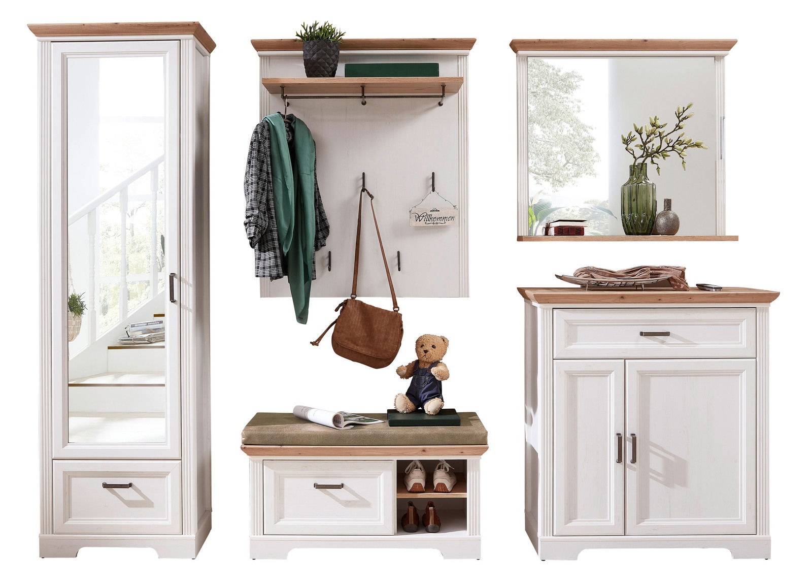 Garderoben-Set JUDITH in weiß mit Holzdetails, bestehend aus einem hohen Schrank mit Spiegel, einer Wandgarderobe mit Haken und Ablage, einer Sitzbank mit Stauraum und einem Spiegel mit Ablage. Frontalansicht.