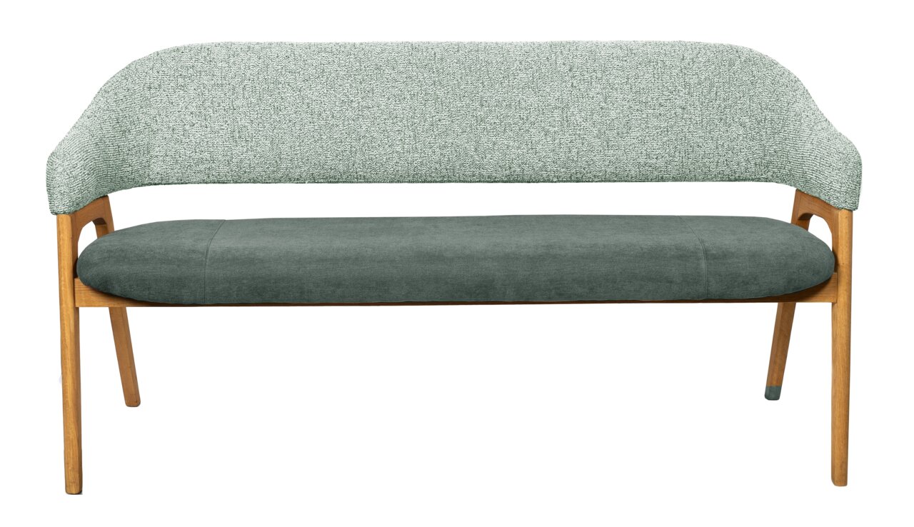Moderne Sitzbank mit grünem Stoffbezug und Holzgestell, Frontalansicht