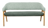 Moderne Sitzbank mit grünem Stoffbezug und Holzgestell, Frontalansicht