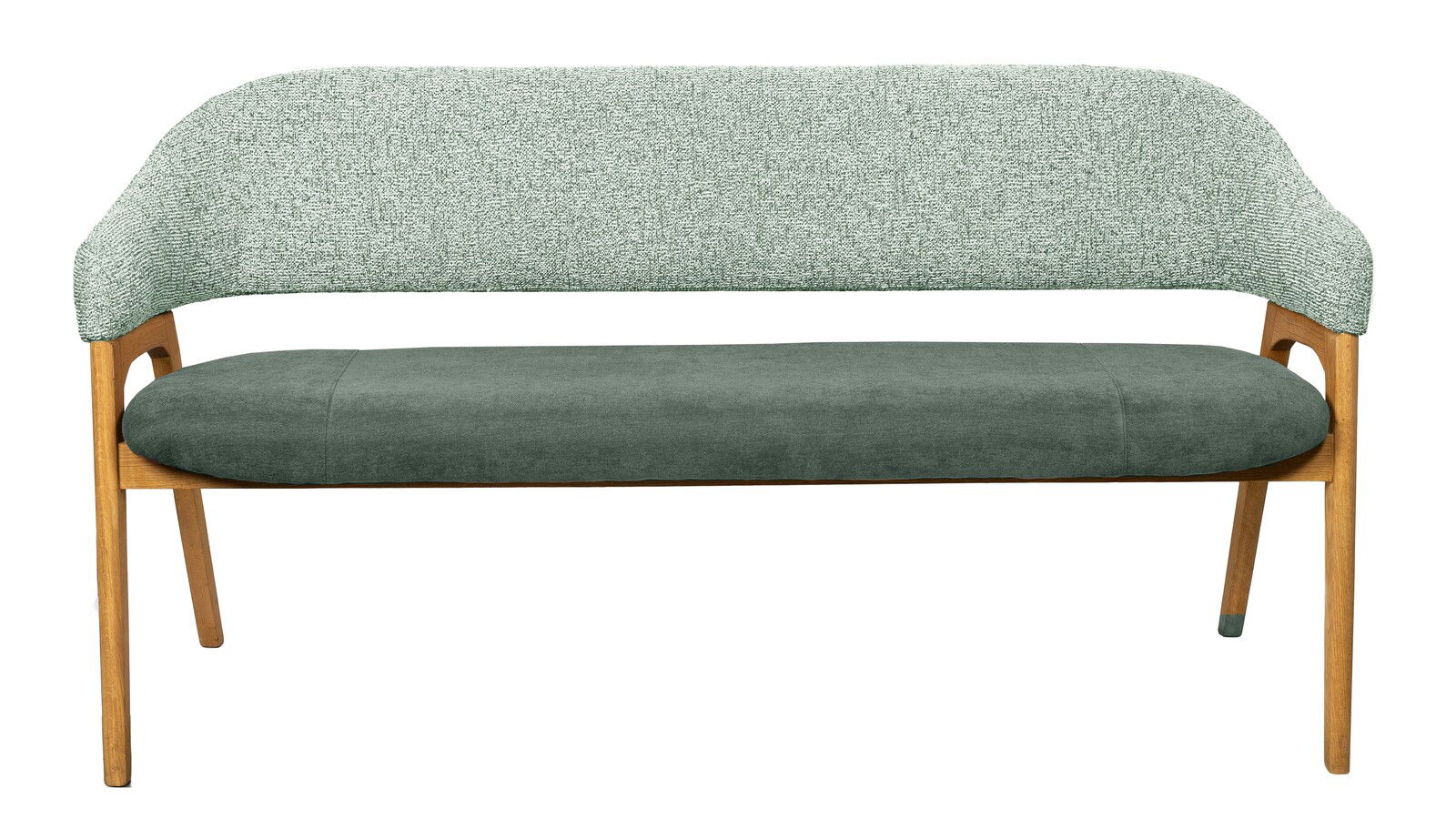 Moderne Sitzbank mit grünem Stoffbezug und Holzgestell, Frontalansicht