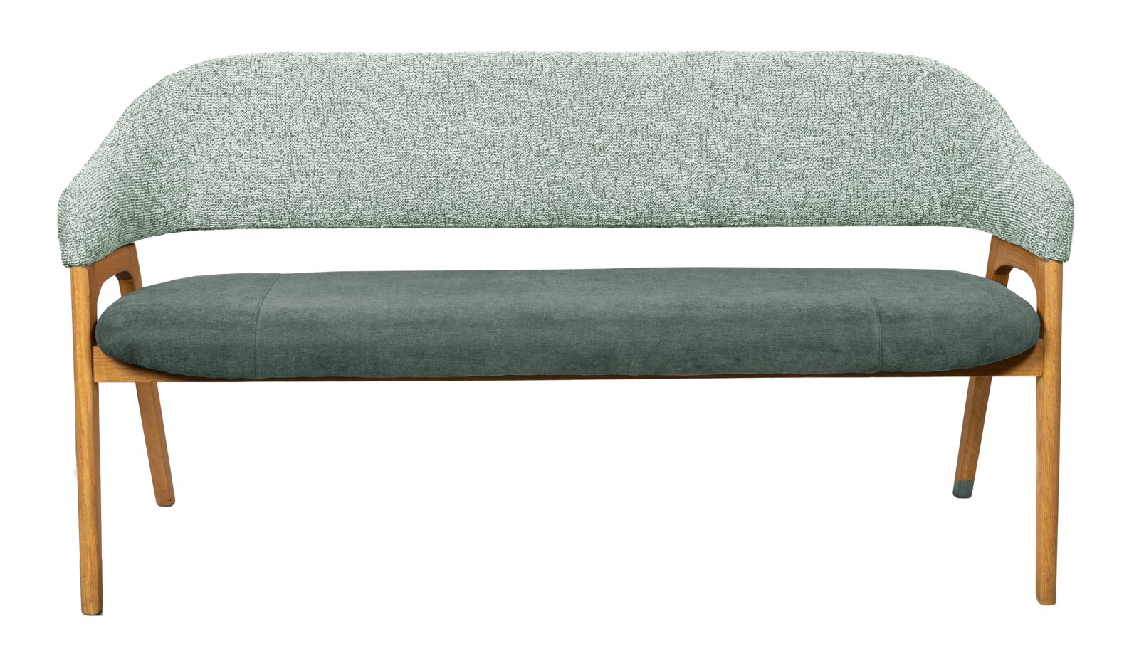 Moderne bank met groene stoffen bekleding en houten frame, vooraanzicht