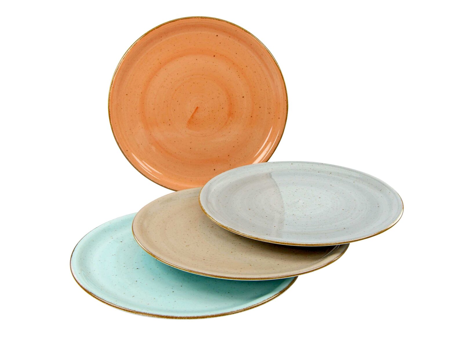Creatable Pizzateller 4-tlg VINTAGE NATURE Vier gesprenkelte Keramik-Speiseteller in Pastellfarben (Koralle, Hellgrau, Beige, Mint) mit braunem Rand, gestapelt und ein Teller aufrecht im Hintergrund, Ansicht schräg von oben