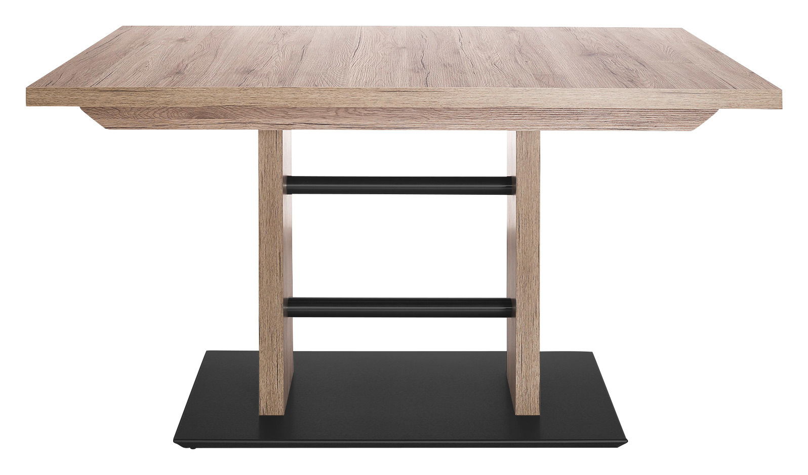 Moderner Esstisch aus Holz mit schwarzem Metallgestell, Frontalansicht