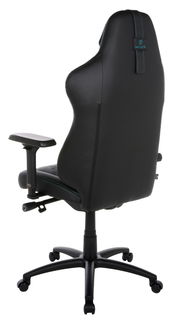 Rückansicht eines schwarzen Gaming-Stuhls mit verstellbaren Armlehnen und stabiler Basis auf Rollen.