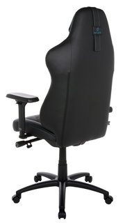 Rückansicht eines schwarzen Gaming-Stuhls mit verstellbaren Armlehnen und stabiler Basis auf Rollen.