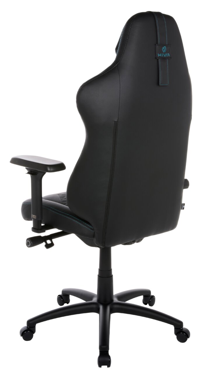 Rückansicht eines schwarzen Gaming-Stuhls mit verstellbaren Armlehnen und stabiler Basis auf Rollen.