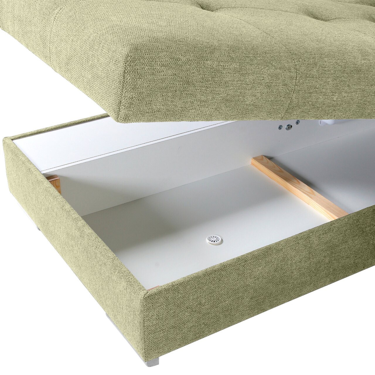 Grünes Sofa mit Stauraum, geöffnete Perspektive von oben