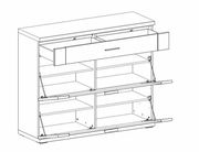 Schuhschrank mit mehreren Fächern und Schubladen, perspektivische Ansicht von vorne.