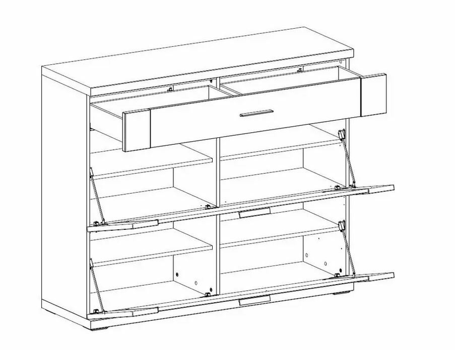 Schuhschrank mit mehreren Fächern und Schubladen, perspektivische Ansicht von vorne.