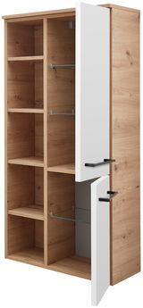 Midischrank aus Holz mit weißen Türen, teilweise geöffnet, seitliche Perspektive