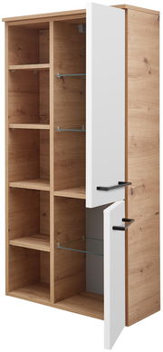 Midischrank aus Holz mit weißen Türen, teilweise geöffnet, seitliche Perspektive