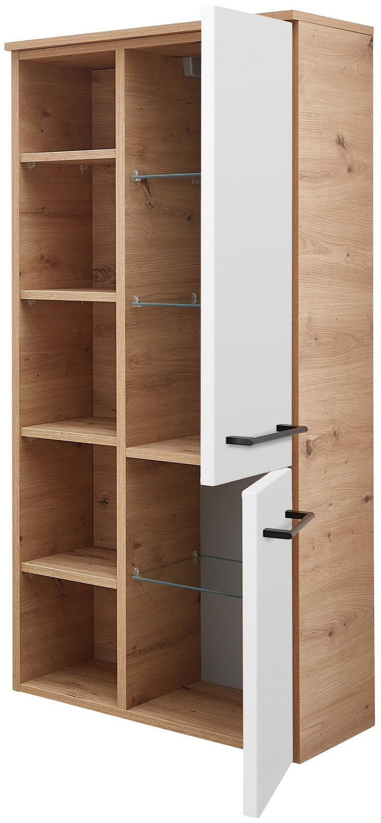 Midischrank aus Holz mit weißen Türen, teilweise geöffnet, seitliche Perspektive