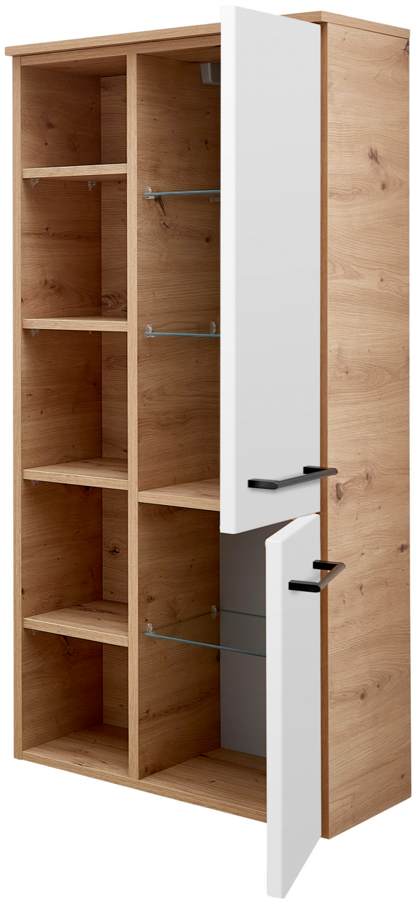 Midischrank aus Holz mit weißen Türen, teilweise geöffnet, seitliche Perspektive