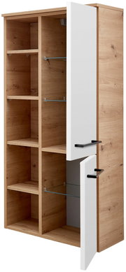 Midischrank aus Holz mit weißen Türen, teilweise geöffnet, seitliche Perspektive