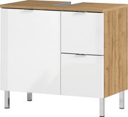 Moderner Waschtischunterschrank mit weißer Front und Holzoptik, frontal betrachtet.