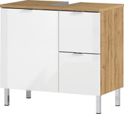Moderner Waschtischunterschrank mit weißer Front und Holzoptik, frontal betrachtet.