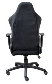 Rückansicht eines schwarzen Gaming-Stuhls mit verstellbaren Armlehnen und stabiler Basis auf Rollen.